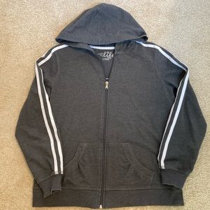 Gray hoodie with white stripe sleeves. Excellent condition. Size petite medium